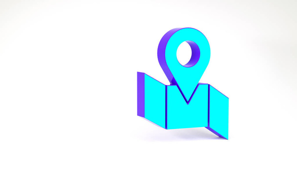 Turquoise Hajtogatott térkép helyzetjelző ikonnal elszigetelt fehér alapon. Minimalizmus koncepció. 3d illusztráció 3D render - Fotó, kép