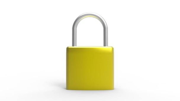 pad lock HD 4k doré cadenas en métal jaune avec mot "lock" sur le métal sur un fond blanc. sécurité en ligne. Conditions de confidentialité personnelles. Illustration isolée de rendu 3d. - Photo, image