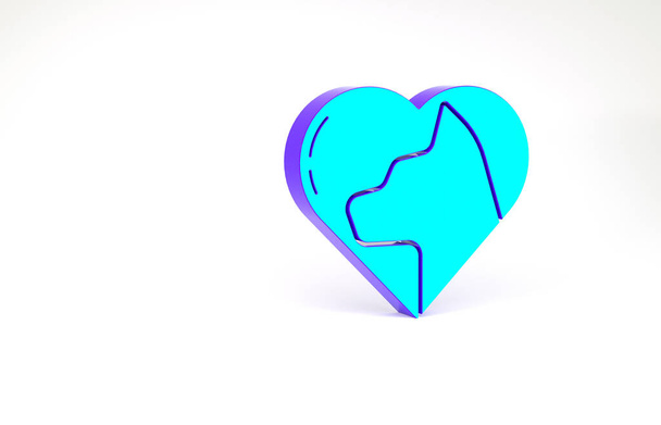 Бирюзовое сердце с кошачьей иконой на белом фоне. Люблю животных. Концепция минимализма. 3D-рендеринг - Фото, изображение