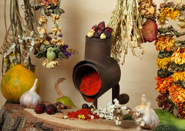 handmill, kruiden en droge bloemen - Foto, afbeelding