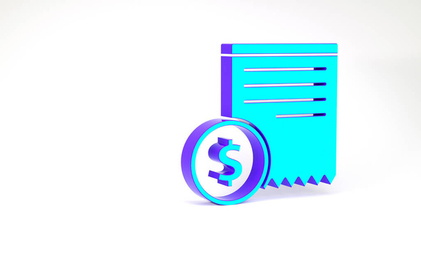 Tyrkysová Kontrola papíru a finanční kontrola ikona izolované na bílém pozadí. Papírový šek, stvrzenka z obchodu nebo účet. Minimalismus. 3D ilustrace 3D vykreslení - Fotografie, Obrázek