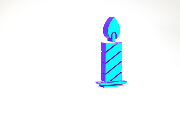 ターコイズ白地に隔離された燭台のアイコンでろうそくを燃やす。円筒形のキャンドルスティック燃焼炎と。最小限の概念。3Dイラスト3Dレンダリング - 写真・画像