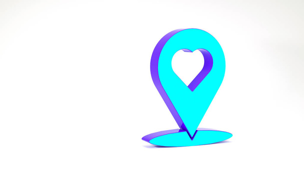 Beyaz arkaplanda kalp simgesi izole edilmiş turkuaz harita işaretçisi. Sevgililer Günü. Aşk yeri. Romantik harita iğnesi. Minimalizm kavramı. 3d illüstrasyon 3B canlandırma - Fotoğraf, Görsel
