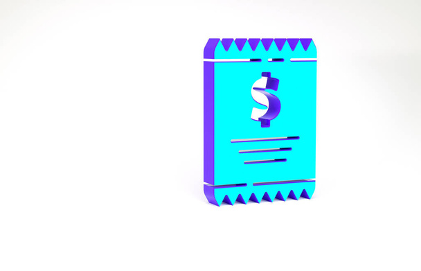 Tyrkysová Kontrola papíru a finanční kontrola ikona izolované na bílém pozadí. Papírový šek, stvrzenka z obchodu nebo účet. Minimalismus. 3D ilustrace 3D vykreslení - Fotografie, Obrázek