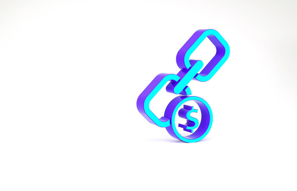 Tyrkysový Řetězec a ikona mince izolované na bílém pozadí. Linka jedna. Symbol řetězce hypertextových odkazů. Minimalismus. 3D ilustrace 3D vykreslení - Fotografie, Obrázek