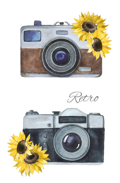 Watercolor retro cameras on a white background. Logo camera with sunflowers. Vintage cameras. Hand draw art illustration.Graphic for fabric,tee-shirt, postcard, greeting card, sticker. - Photo, Image