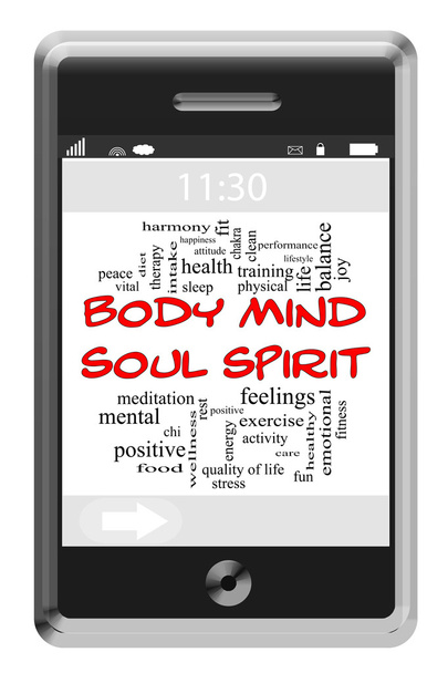 Body Mind Soul Spirit Word на сенсорном экране телефона
 - Фото, изображение