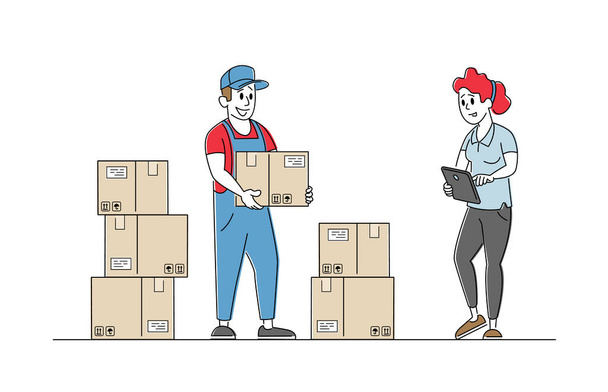 Inventory Manager Characters Accounting Goods Lying in Carton Boxes on Rack in Warehouse. Post Office, Store or Stock - Vector, Image