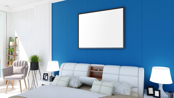 Blank empty photo frame on bedroom wall for mock up, 3D Rendering - Фото, изображение