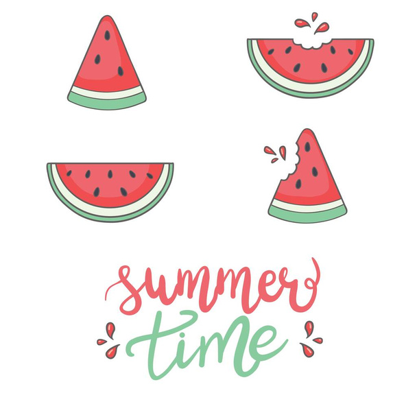 Bright vector set of colorful half, slice watermelon. Fresh cartoon berry isolated on white background. - Vektör, Görsel