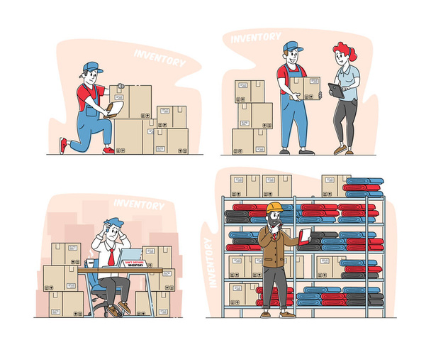 Conjunto de gestión de inventario físico. Personajes de Storekeeper Administrar carga de almacén Carga, clasificación de descarga - Vector, Imagen