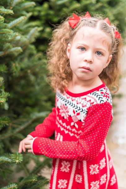 Petite fille en robe rouge à la ferme des arbres de Noël. - Photo, image