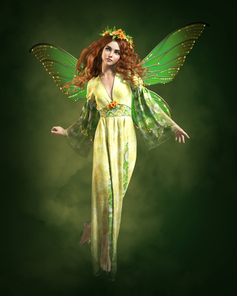 3D-Computergrafik einer Fee in einem grünen Kleid und Schmetterlingsflügeln - Foto, Bild
