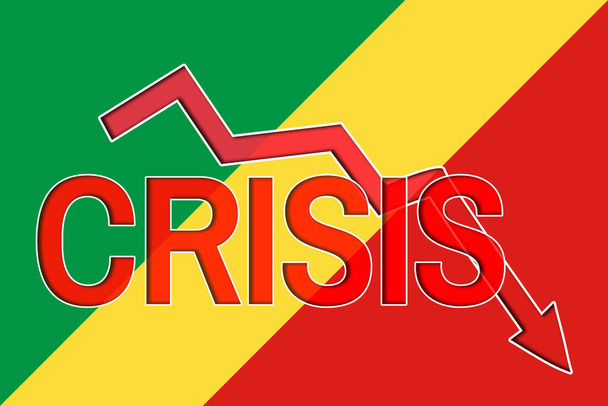 Falldiagramm und Wortkrise auf dem Hintergrund der Flagge des Kongo. Wirtschaftskrise und Rezession in der Republik Kongo - Foto, Bild