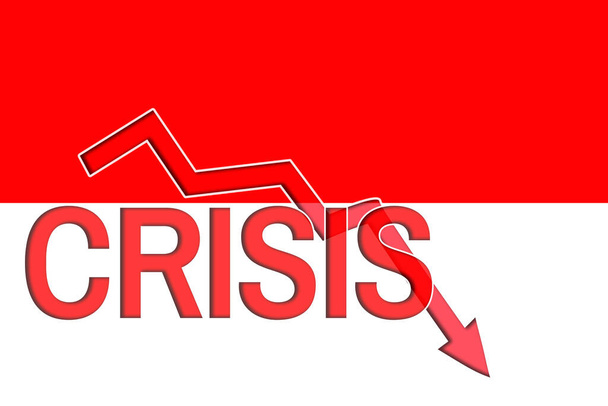 Őszi grafikon és a szó válság hátterében az indonéz zászló. Gazdasági válság és recesszió Indonéziában - Fotó, kép
