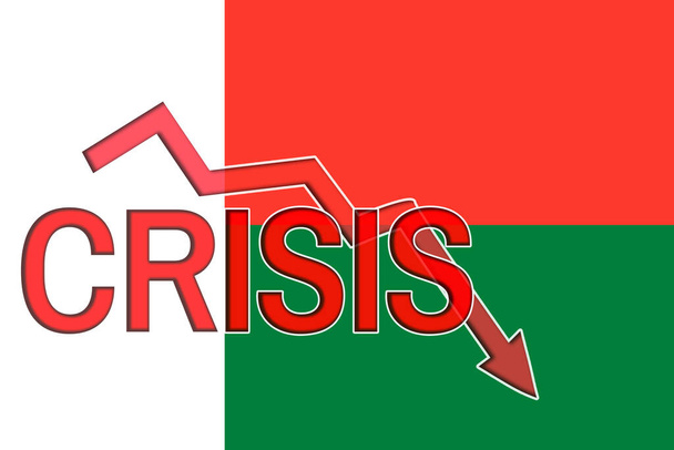 Herfst grafiek en woord crisis op de achtergrond van de vlag van Madagaskar. Economische crisis en recessie in Madagaskar - Foto, afbeelding