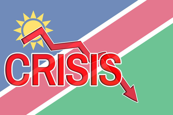 Gráfico de otoño y crisis de palabras en el fondo de la bandera de Namibia. Crisis económica y recesión en Namibia - Foto, Imagen