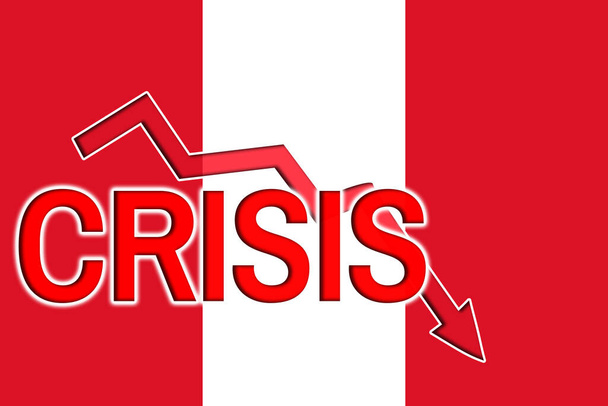 Herfst grafiek en woord crisis op de achtergrond van de vlag van Peru. Economische crisis en recessie in Peru - Foto, afbeelding