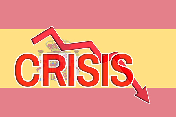Őszi grafikon és a szó válság hátterében a spanyol zászló. Gazdasági válság és recesszió Spanyolországban. - Fotó, kép