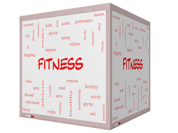Fitness Word Cloud Concept on a 3D cube Whiteboard - Photo, Image