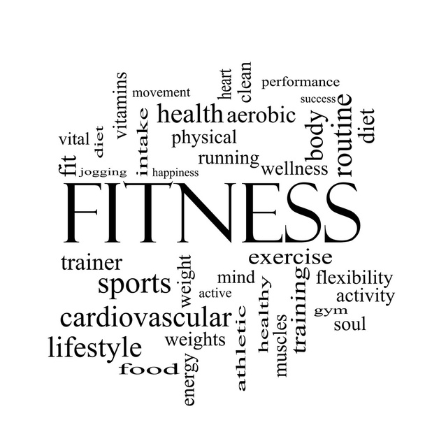 Fitness Word Cloud Concept in black and white - Foto, imagen