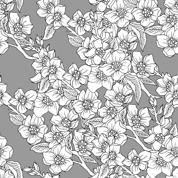 Seamless pattern with sakura branches, in monochrome colors, ornament for wallpaper and fabric, background for scrapbooking, wrapping paper - Vettoriali, immagini