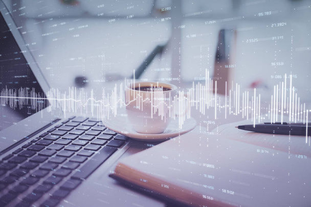 Double exposure of financial chart drawing and desktop with coffee and items on table background. Concept of forex market trading - Foto, imagen