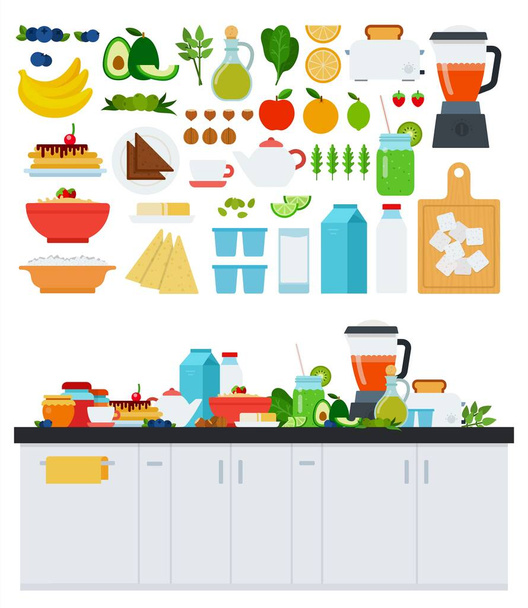 Image with assorted products for a healthy breakfast vector illustration in a flat design. - Vektor, kép