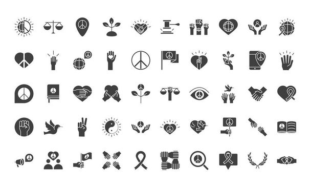 den lidských práv, řádek ikony set design, včetně světa láska mír ruce poselství - Vektor, obrázek