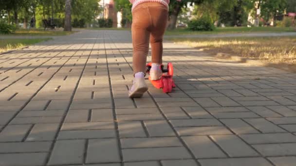 Kleines Mädchen lernt Rollerfahren. glückliches kleines Mädchen, das im Park spielt. Ein gesundes Kind fährt in der Stadt mit einem Motorroller auf der Straße. Konzept der glücklichen Kindheit - Filmmaterial, Video