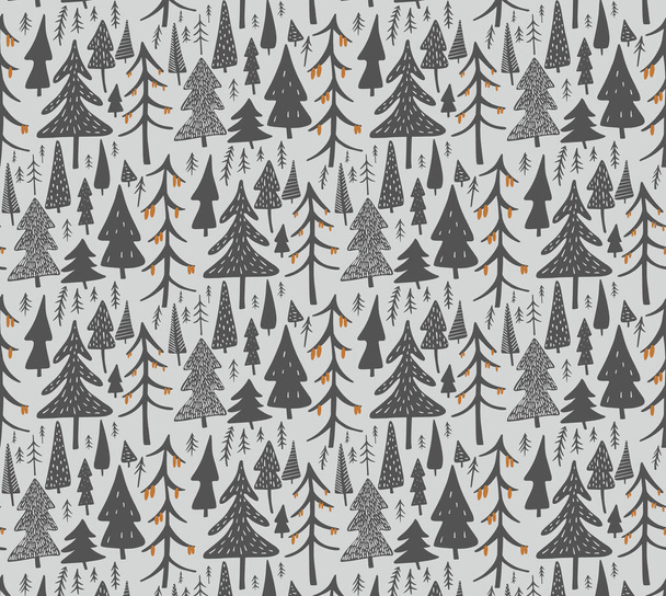 Kuusimetsän saumaton kuvio skandinaaviseen tyyliin. Metsän tausta. Käsin piirretty Doodle-vektorikuva - Vektori, kuva