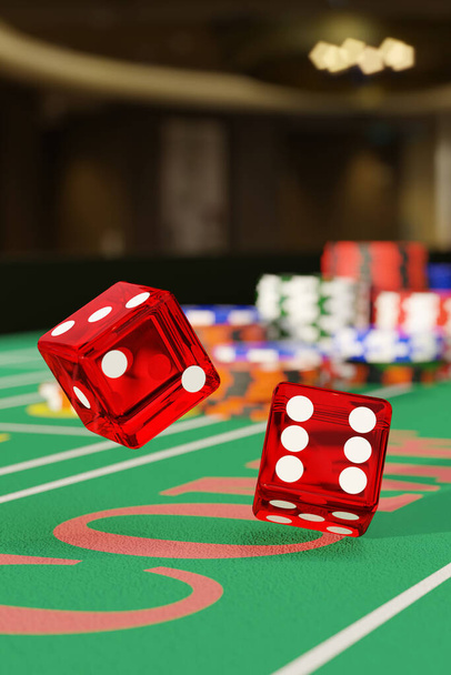 Kockaasztalon guruló kockák közelsége. Szerencsejáték koncepció. 3d illusztráció. - Fotó, kép