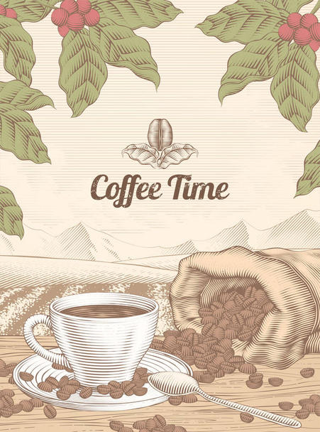 Engraving style leisure coffee time background with a cup of coffee and beans in jute bag - Vektor, obrázek