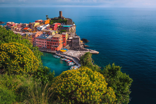 Majestuoso destino turístico pueblo Vernazza y maravillosa vista con flores de colores del jardín ornamental, Cinque Terre, Liguria, Italia, Europa - Foto, imagen