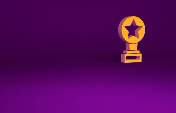 オレンジ紫色の背景に隔離されたムービートロフィーアイコン。アカデミー賞のアイコン。映画や映画のシンボル。最小限の概念。3Dイラスト3Dレンダリング - 写真・画像