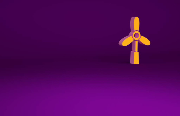 紫色の背景に分離されたオレンジ風力タービンアイコン。風力発電機の標識。電力生産のための風車。最小限の概念。3Dイラスト3Dレンダリング - 写真・画像