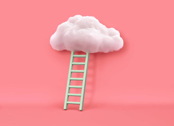 White cloud and ladder on pink background. 3D rendering - Photo, Image