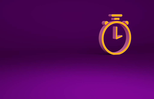 Pomarańczowa ikona Stopwatch odizolowana na fioletowym tle. Znak czasowy. Znak chronometryczny. Koncepcja minimalizmu. Ilustracja 3D 3D renderowania - Zdjęcie, obraz