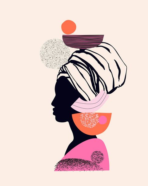Abstract black woman profile in geometric ethnic style. Natural beauty silhouettes drawing with geometrical shapes, grainy grunge textures, doodles. Vector fashion illustration - Foto, Imagem