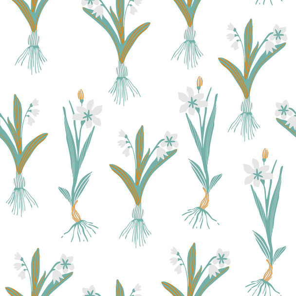 Botanisches florales nahtloses Muster. Blühende Frühlingsblumen mit Zwiebeln in einer Reihe. Handgezeichnete Vektorillustration für Tapeten, Textilien, Gewebe, Oberflächengestaltung - Foto, Bild