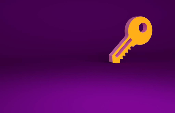 Orange Key icoon geïsoleerd op paarse achtergrond. Minimalisme concept. 3d illustratie 3D renderen - Foto, afbeelding