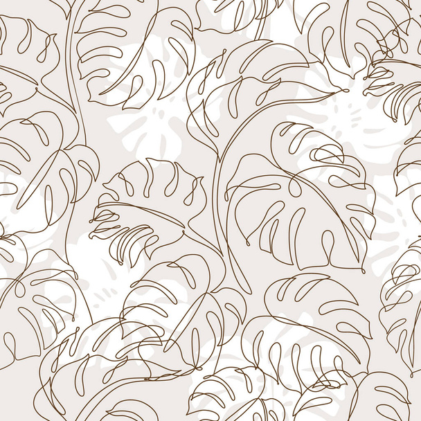 Minimal botanical art seamless pattern. Tropical monstera leaves silhouette and line art on pastel beige background. Exotic leaf vector design. Hand drawn line art botany illustration in pastel colors - Foto, imagen