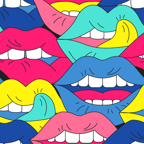 Comic lips background in pop art, estilo psicodélico. Boca aberta funky com dentes, lábios sensuais, emoções positivas padrão sem costura. Ilustração vetorial ousada para um design contemporâneo incomum - Foto, Imagem