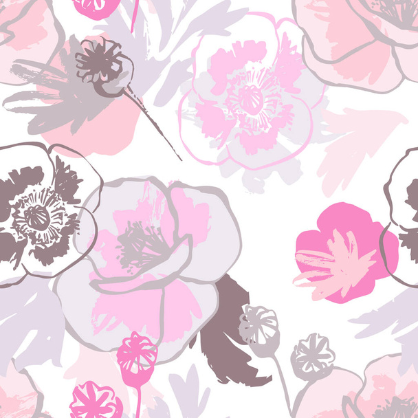 Patrón sin costura de flor de amapola abstracta. Hermoso patrón floral: beige pastel, amapolas rosadas, texturas grunge, pinceladas ásperas sobre fondo blanco. Ilustración de arte vectorial para textiles, papel pintado - Foto, imagen