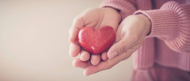 Woman holding red heart, health insurance, donation, happy charity volunteer concept, world mental health day, world heart day - 写真・画像