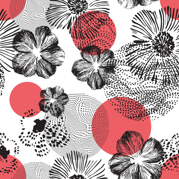 Abstraktes geometrisches florales Nahtmuster. Handgezeichnete schwarze Blumen kombiniert mit optischen Illusionen geometrische Formen. Digitaler und handgezeichneter Hintergrund. Opt Art Illustration - Foto, Bild