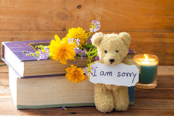 i am sorry message card handwriting with book, teddy bear and flowers cosmos, marigold, purpld flowers decoration postcard style on background wooden - Фото, изображение