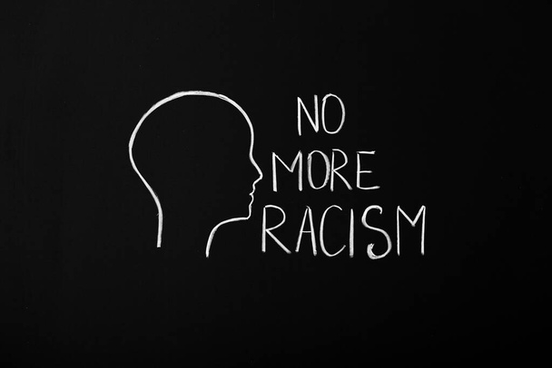 Tête humaine dessinée avec texte NON PLUS RACISME sur fond sombre - Photo, image