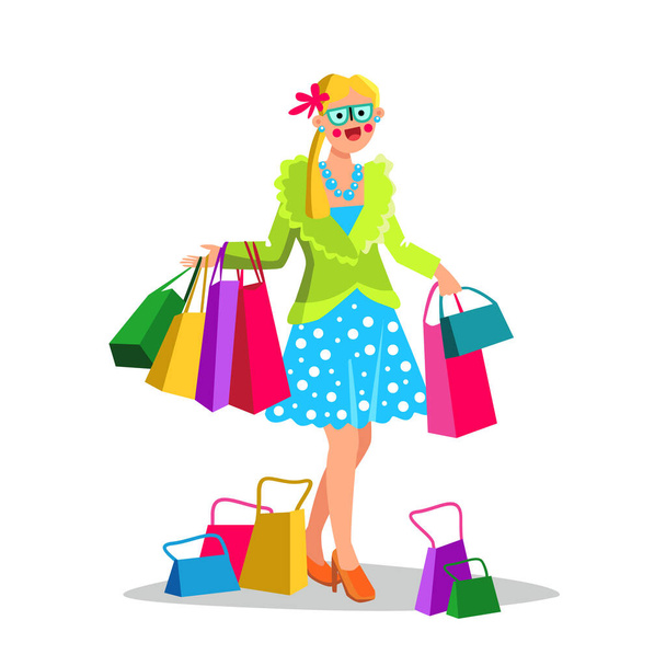 Shopaholism Problem Woman Walking With Bags Vector - Vector, Image