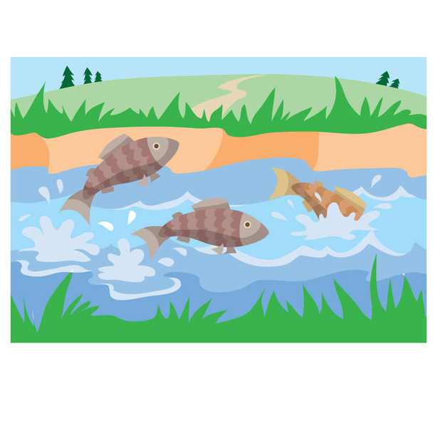 fish splashing in a pond surrounded by green grass, cartoon illustration, vector, eps - ベクター画像
